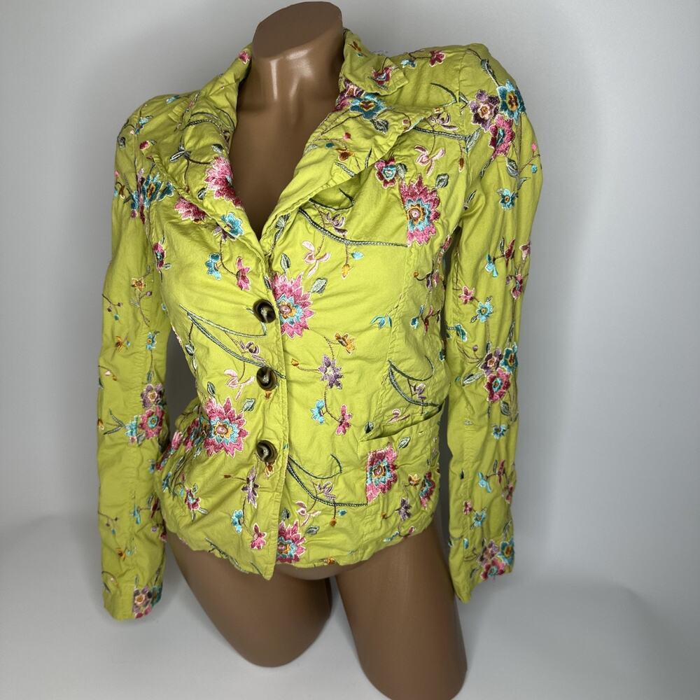 Johnny Was Green Floral Embroidered Button Up Jacket XS Y2K Cottagecore Boho - Picture 2 of 16